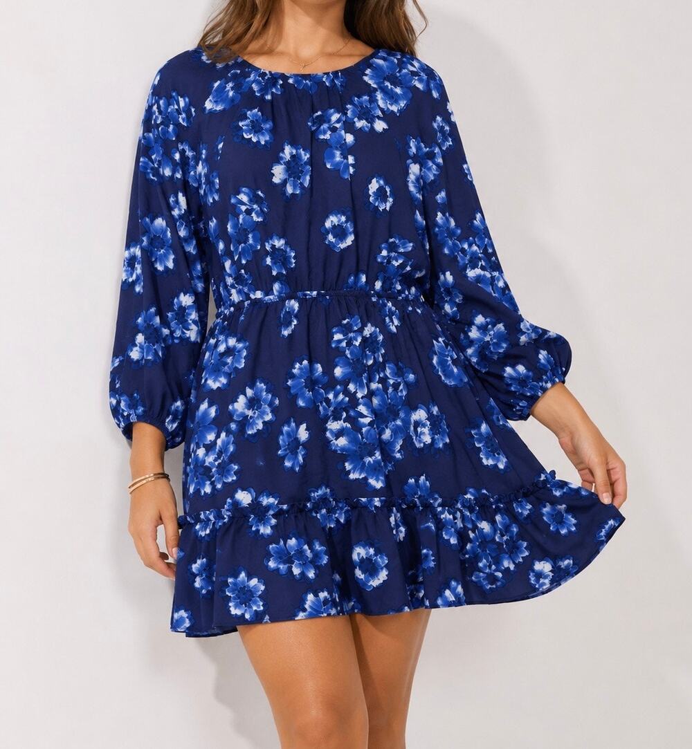 Scoop Women’s XL 16-18 Navy Blue Floral Long Sleeve Ruffle Hem Mini Dress